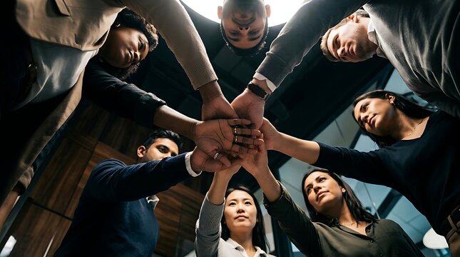 Diverse business team joining hands in a huddle for unity