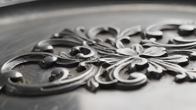 Closeup of ornate metalwork on a textured surface.