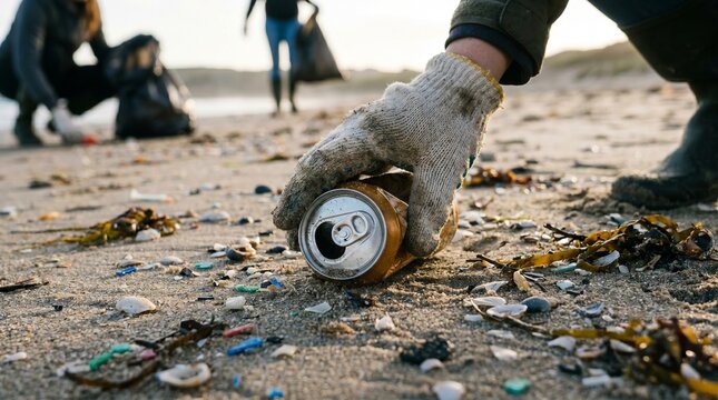 Gros plan d'une main gant&eacute;e ramassant une canette rouill&eacute;e sur le sable, des b&eacute;n&eacute;voles nettoyant la plage pollu&eacute;e en arri&egrave;re-plan, concept d'&eacute;cologie et de recyclage