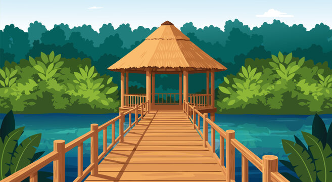 Tropical pier to a hut on the water with lush green trees in the background vector illustration