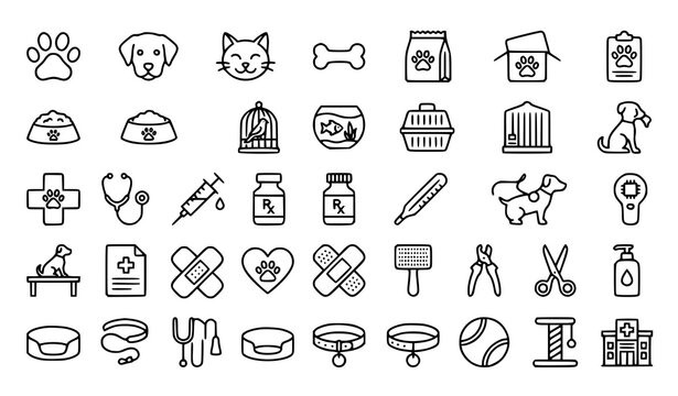 Pet shop icons vector thin line veterinary animal care set