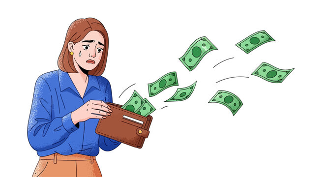 Woman distressed by money flying out of her empty wallet.