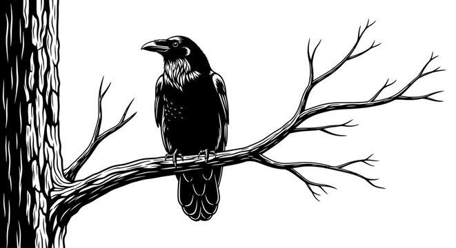Black raven perched on a bare tree branch illustration in woodcut style