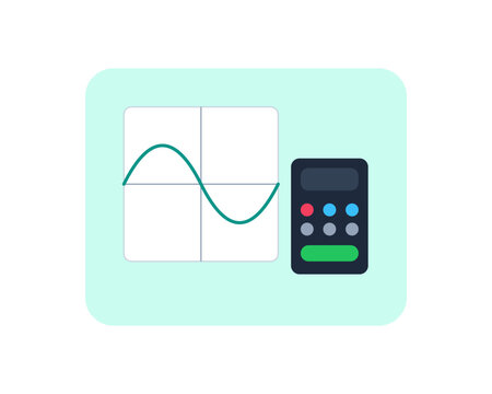 Mathematical graph and calculator icon on light green rounded rectangle frame.