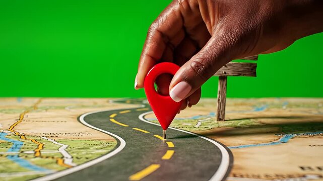 Hand placing red map pin on winding road on map with destination sign.