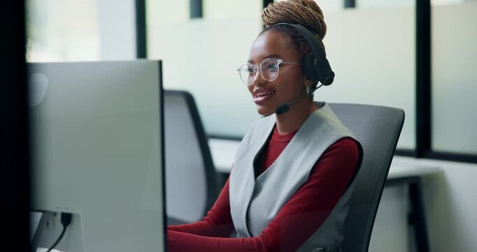 Call center, computer and woman with headset in office, telemarketing and communication with contact. Business, representative and person with mic for discussion, lead generation and consultation