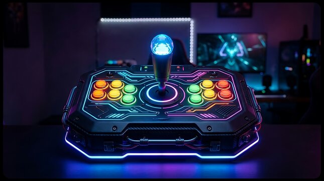 Professional arcade fight stick with neon rgb lighting on a desk
