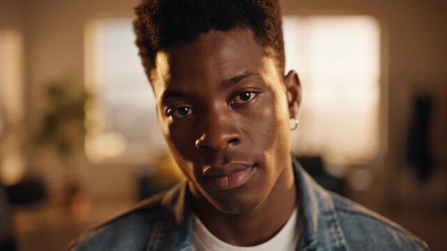 Young Black man with curly hair in a sunlit room