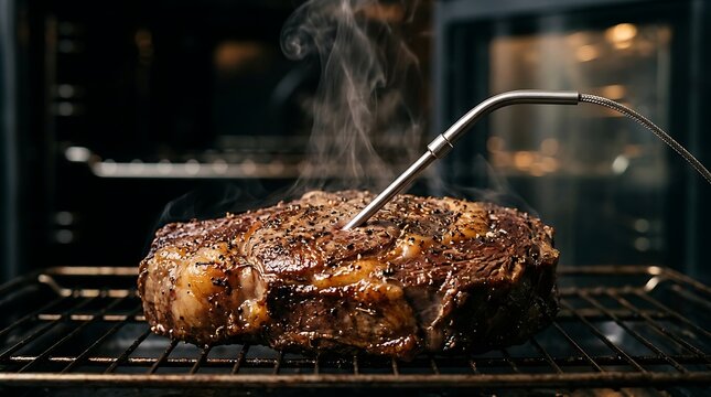 Juicy roast beef with meat thermometer inside a hot oven