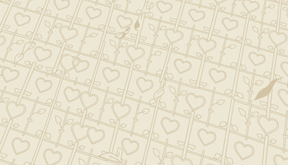 Obraz premium Minimalist repeating pattern with hearts and leaf stems arranged on a geometric grid, presented in a Dutch tilt angle with thin brown lines on a neutral beige background.