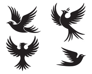 Naklejka premium Bird Silhouette Set Vector Black Flying Eagle Phoenix Dove Symbol Collection for Tattoo Logo Spiritual Design 