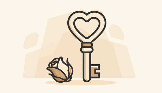 Minimalist vector illustration of a heart-shaped vintage skeleton key standing vertically next to a closed rose flower bud, featuring a warm beige and brown color palette for romance.