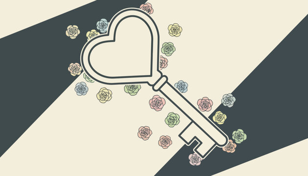 A stylized illustration of a heart-shaped vintage key positioned at a Dutch tilt on a diagonally striped cream and grey background, surrounded by colorful pastel rose icons.