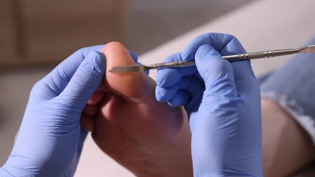 Podiatrist removing dead skin from client's foot with chisel tool indoors, closeup