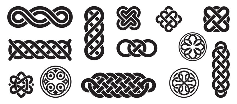 Celtic Knot Braid Border Set Vector Black White Endless Pattern Symbol Collection for Tattoo Decoration Logo Design
