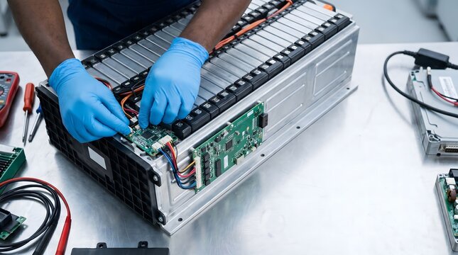 Electric car battery pack repair and maintenance by technician, renewable energy technology macro close-up, industrial detail, technology background