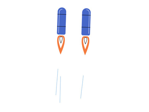 Two blue rocket boosters with orange flames flying upwards vector illustration. Business startup, space exploration, rapid growth, technology launch, innovation, success. Pair of jet engines