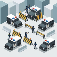 Police cars and officers with roadblocks. © ahmad