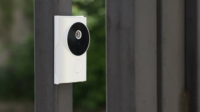 Modern intercom system on gate outdoors, closeup