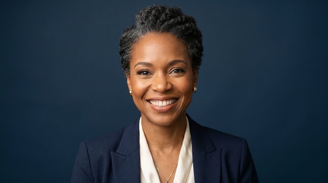 Professional African American woman with graying hair smiling confidently in a navy blue suit