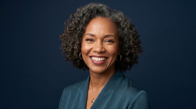 Portrait of a smiling middle aged African American woman with curly gray hair against a dark blue background