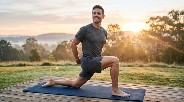 Man stretching on yoga mat outdoors at sunrise healthy lifestyle