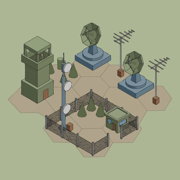 Military base with watchtower and radar.