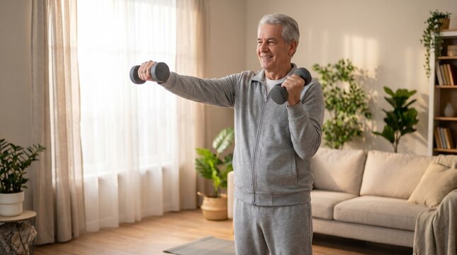 Smiling senior man exercising with dumbbells at home for fitness and health