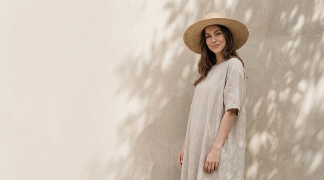 Woman wearing a straw hat and linen dress standing against a textured wall with dappled sunlight