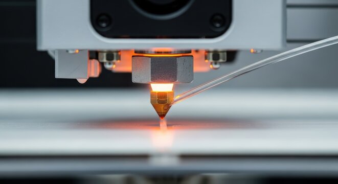 Macro Detail of a Hot 3D Printer Nozzle Extruding Molten Filament During Manufacturing Process