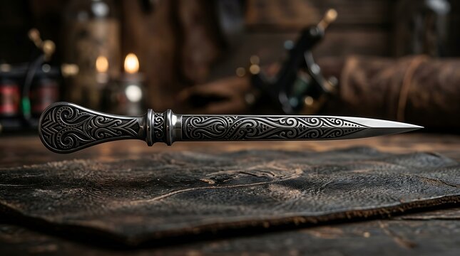 Antique metal dagger with intricate engravings in a rustic workshop