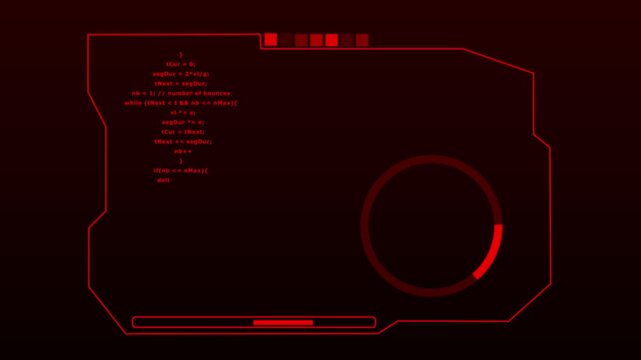 Red digital interface with code and progress indicator. Technology system symbol for computer compiler status. Digital interface animation for tech panel.