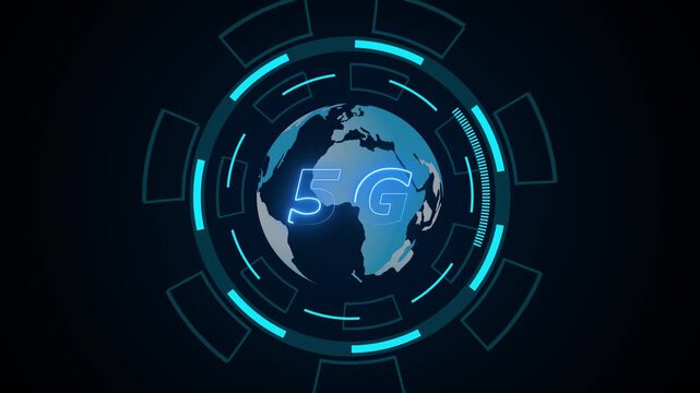 Futuristic 5G globe interface with circular display panel. Telecommunication symbol for high speed world connection. Digital globe animation for network.