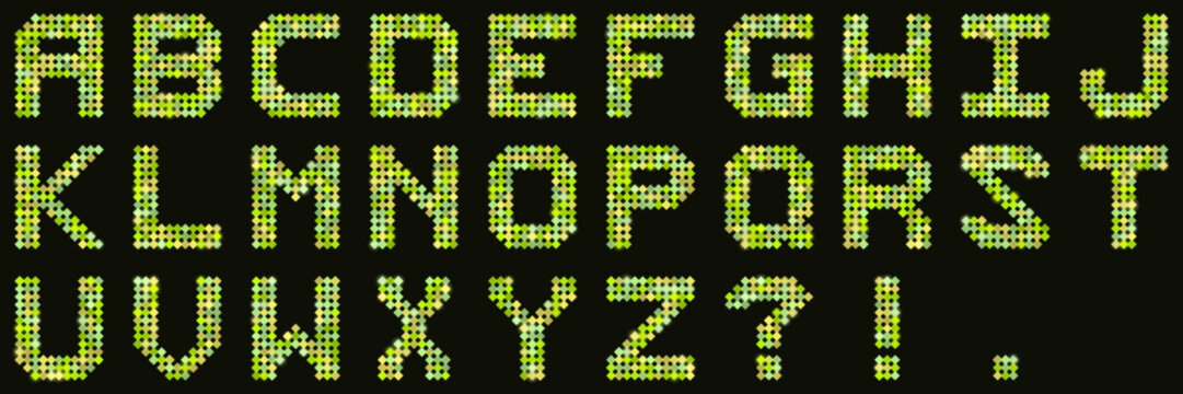 Pixelated Green Dotted Alphabet Set for Digital Retro Typography Design and Gaming Interface Graphics