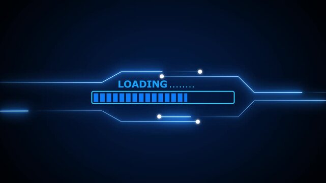 Blue neon loading bar with futuristic line layout. System download symbol for computer software update status. Digital loading bar animation for interface.