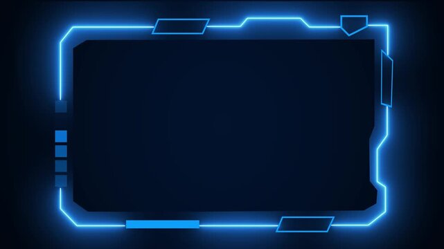 Blue neon futuristic frame with empty content space. Technology border symbol for digital layout design. Digital neon frame animation for HUD interface.