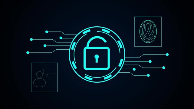 Digital security concept with unlocked padlock and biometrics. Identity check symbol for account data protection. Digital padlock animation for safety.
