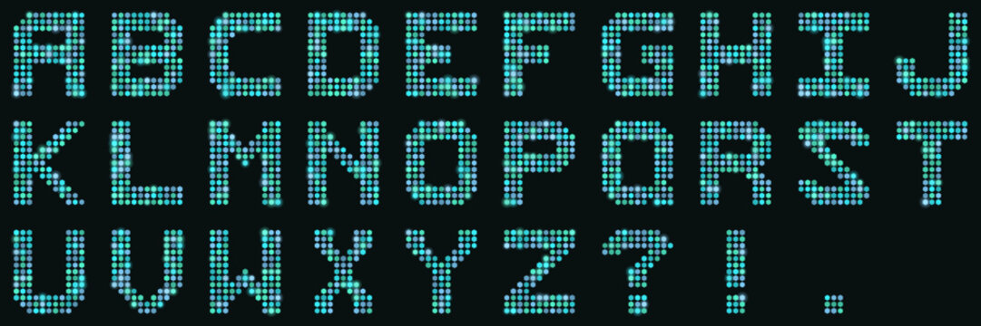 Digital LED Dot Matrix Alphabet Font Set Glowing Cyan Letters on Black Background for Electronic Display Design