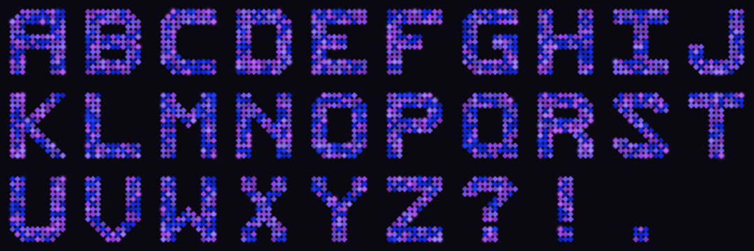 Pixelated Alphabet Set in Purple and Blue Disco Style for Retro Digital Typography and Graphic Design Projects