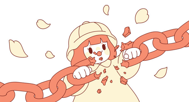 Minimalist 2D illustration of a cute chibi girl in a detective hat and cloak breaking a large orange chain, falling flower petals on white background, symbol of freedom and inner strength.