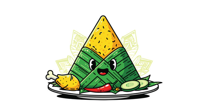 Cartoon Nasi Lemak Character Eating.