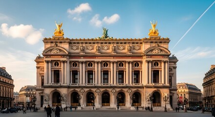 Fototapeta premium The magnificent Palais Garnier opera house facade in Paris with golden statues under a bright blue sky