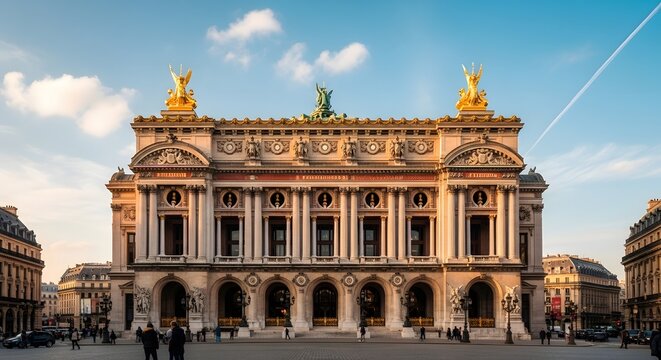 The magnificent Palais Garnier opera house facade in Paris with golden statues under a bright blue sky