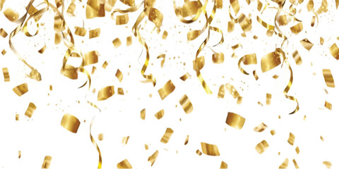 Obraz premium Gold ribbon confetti cascading down on white background with confetti celebration metallic birthday background anniversary cheerful decoration surprise brilliance achievement festivity