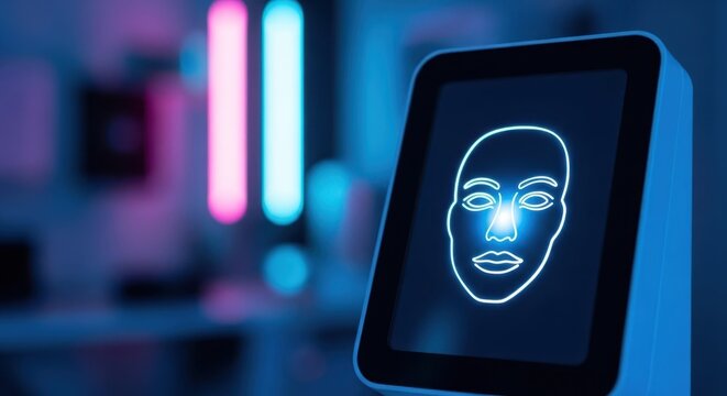 An advanced facial recognition system displaying a digital human face on a screen with futuristic neon lighting