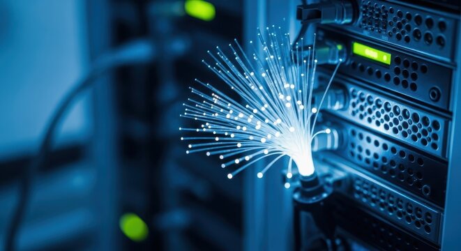Bright cluster of glowing fiber optic strands illuminated against a dark, blurred technological background representing high-speed data transmission.