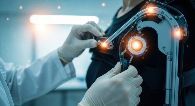 Doctor fitting advanced robotic exoskeleton onto patient for enhanced mobility and medical support