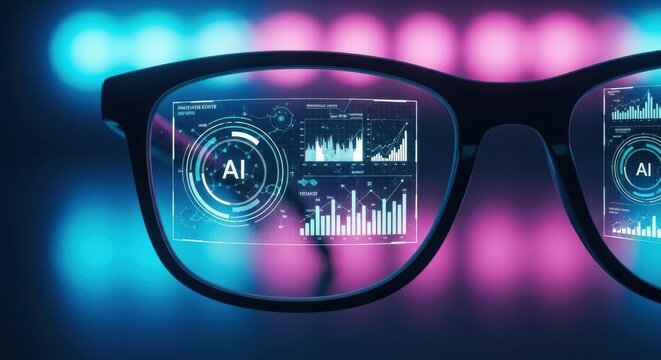 Futuristic AI data visualization display projected onto eyeglasses, showcasing advanced analytics and information.
