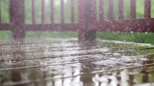 An atmospheric video of a rainstorm. Heavy rain and splashing. Large drops of downpour shatter against the wooden floor of a veranda or balcony. Slow motion.