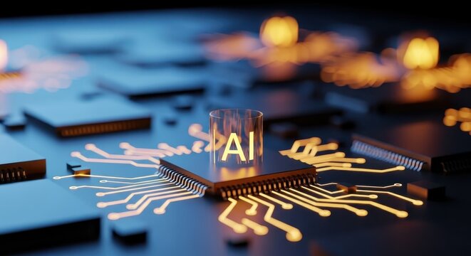 Illuminated AI Symbol Resting on a Futuristic Microchip with Glowing Circuits